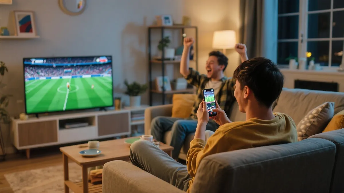 年轻观众在客厅边看球边用手机刷短视频与直播互动的场景