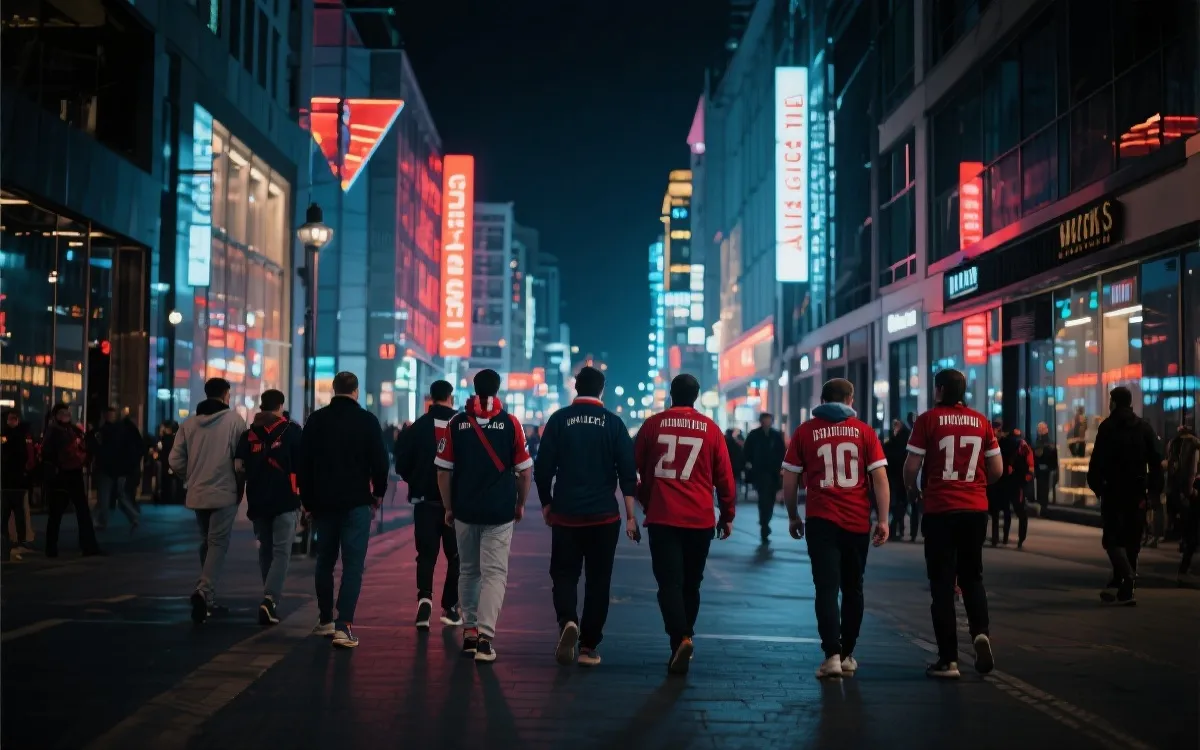 球迷在城市街区夜景中旅行与观赛的氛围照片