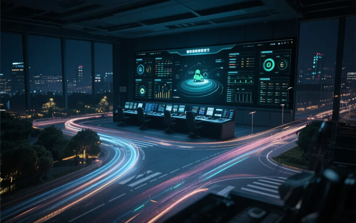 夜间主办城市智慧交通调度场景：交通大屏数据、公交与骑行流线、低碳城市氛围