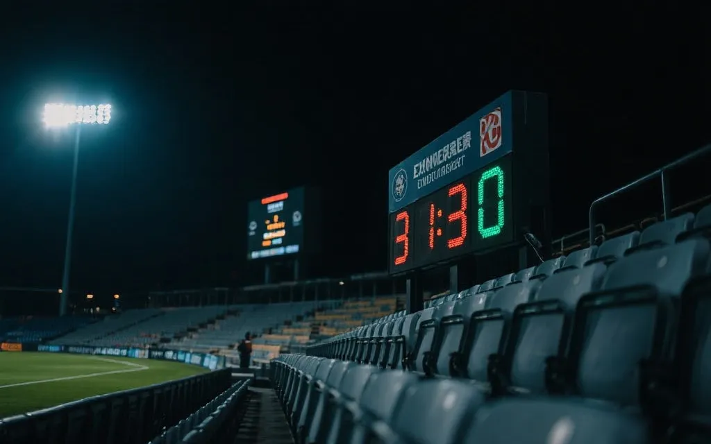 夜晚球场与计时牌的氛围画面，象征淘汰赛与加时点球的不确定性