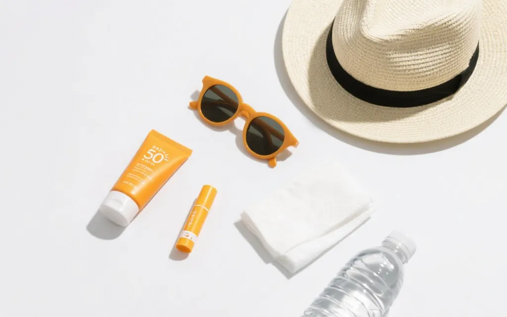 户外观赛随身防晒补涂装备平铺：防晒乳、帽子、太阳镜、纸巾、水瓶，干净明亮