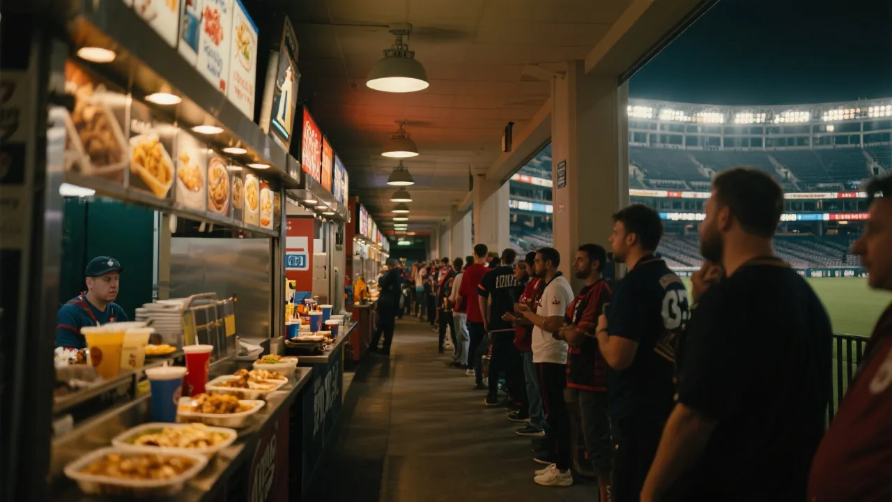 球迷在球场走廊选购特色美食与饮品的热闹场景