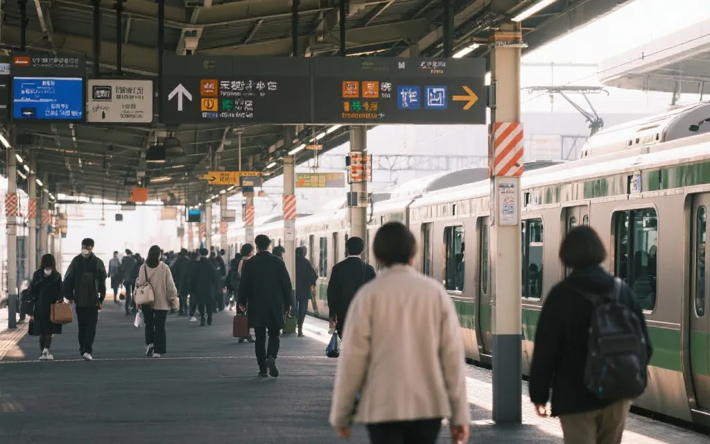 公共交通换乘场景：站台人流有序，指示牌清晰，旅行纪实风