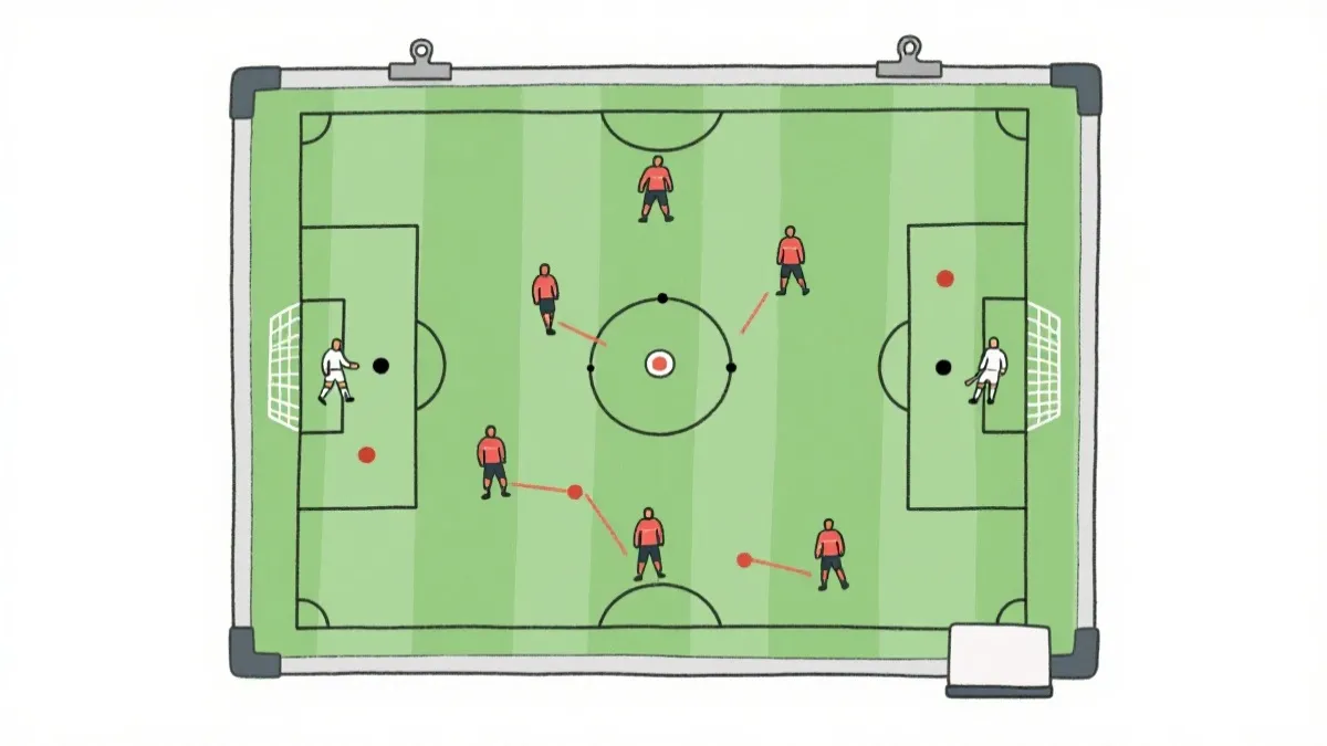 战术板风格插画：紧凑防线与压迫触发点，像棋局一样的足球攻防结构