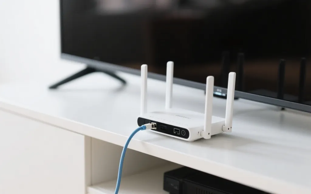 家庭路由器与网线连接电视的示意，整洁桌面，强调稳定连接
